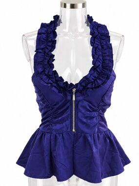 Lydia Royal Blue Ruffle Halter Peplum Zip Front Top NWT